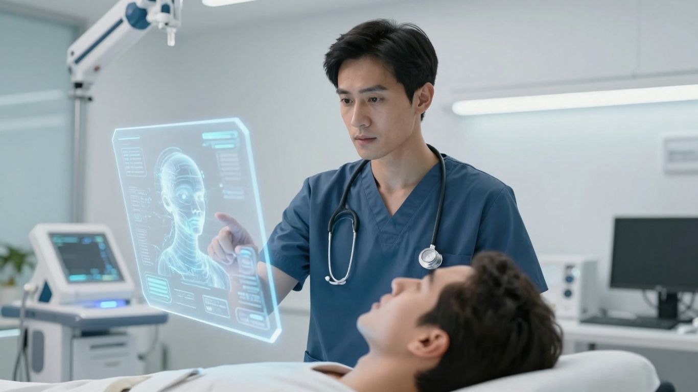 Doctor using AI voice assistant for patient care and message management.
