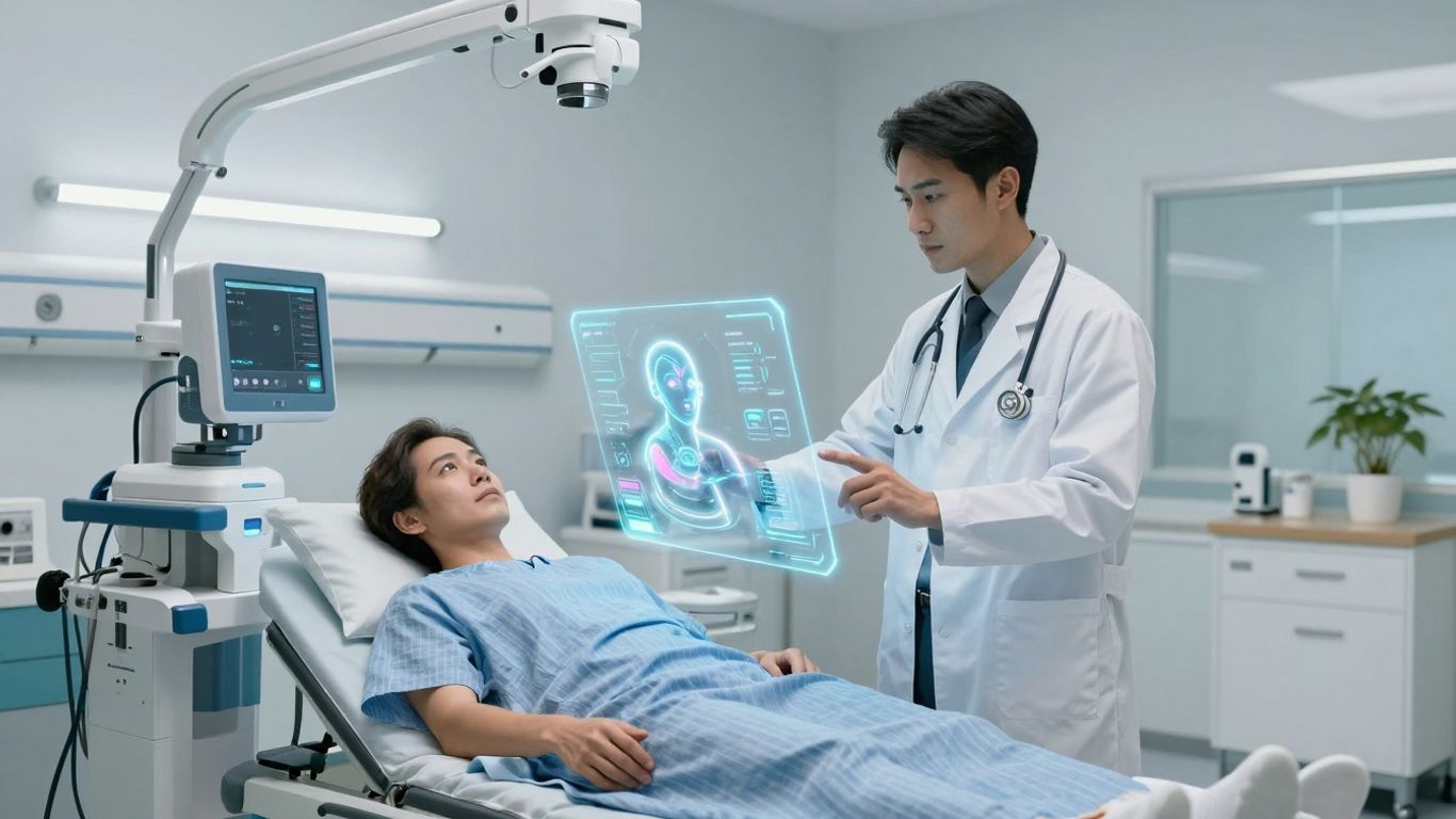 Doctor using AI interface in futuristic hospital room.