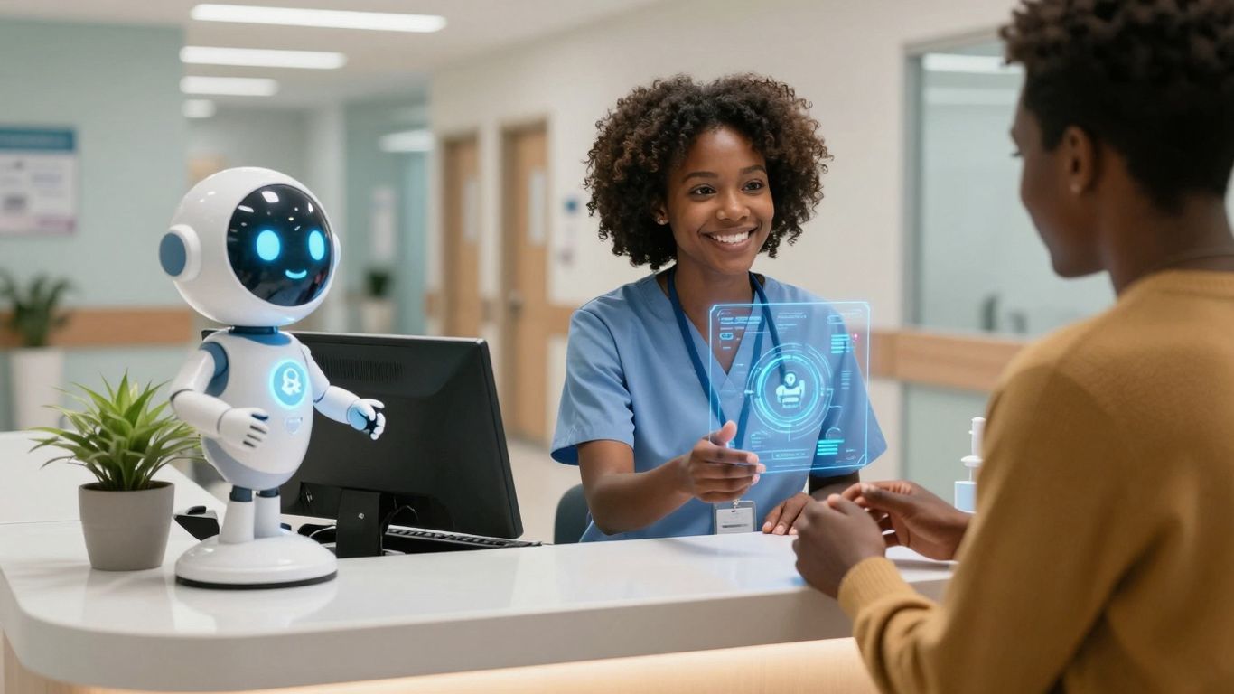 AI avatar at a healthcare reception desk.