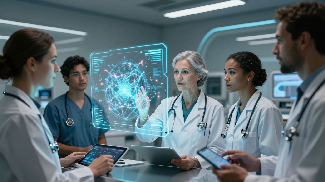 Futuristic healthcare AI with medical professionals and glowing interfaces.