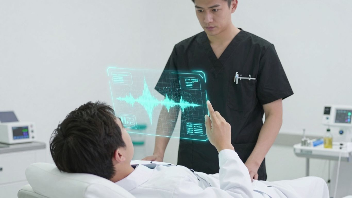 Futuristic healthcare AI interface with soundwaves and neural networks.