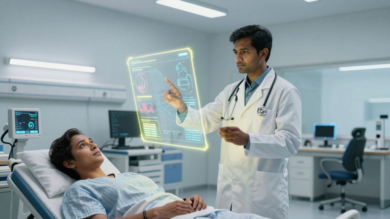 Doctor using AI interface in a hospital room.