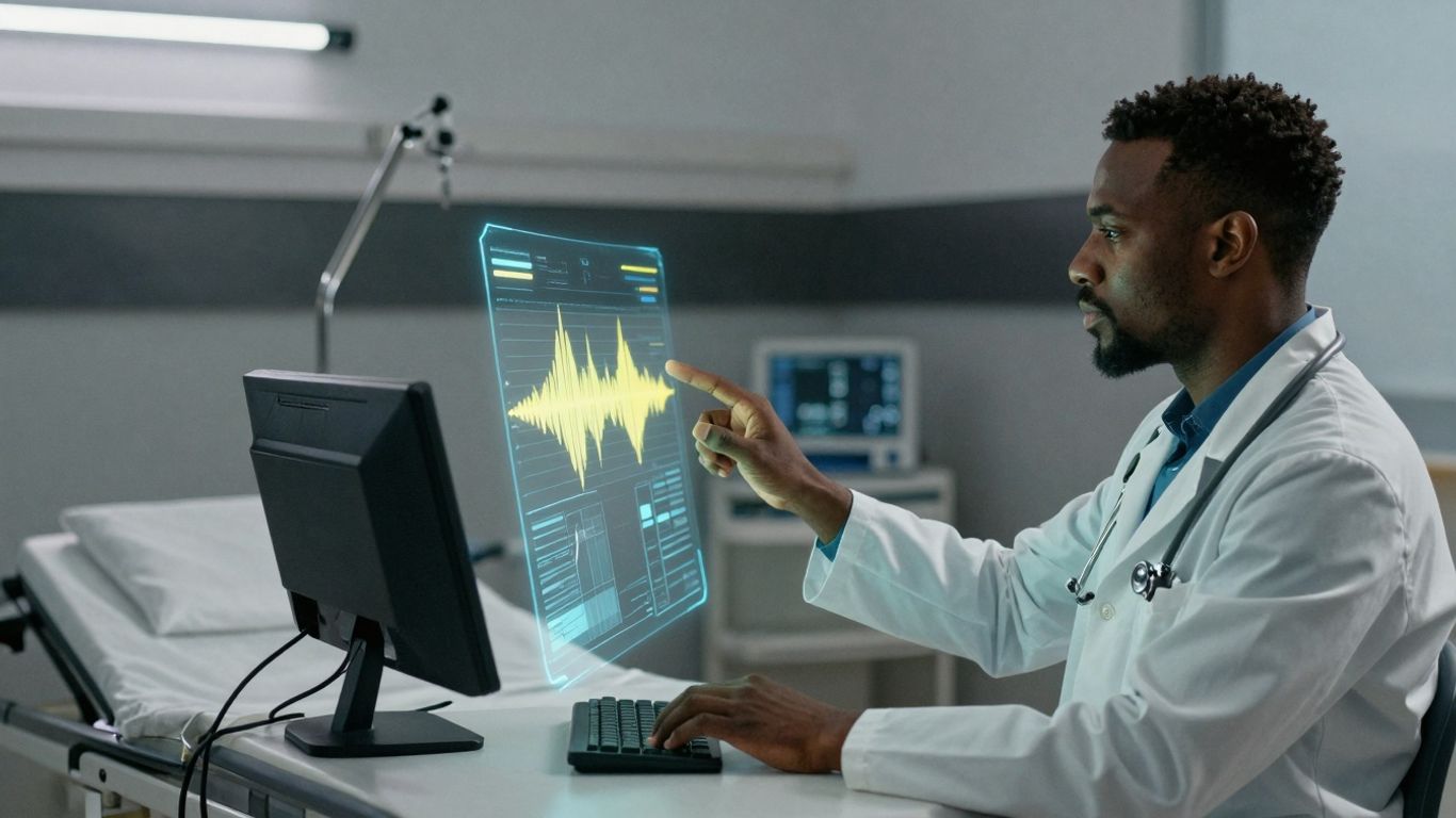 Doctor using voice AI in a futuristic healthcare setting.