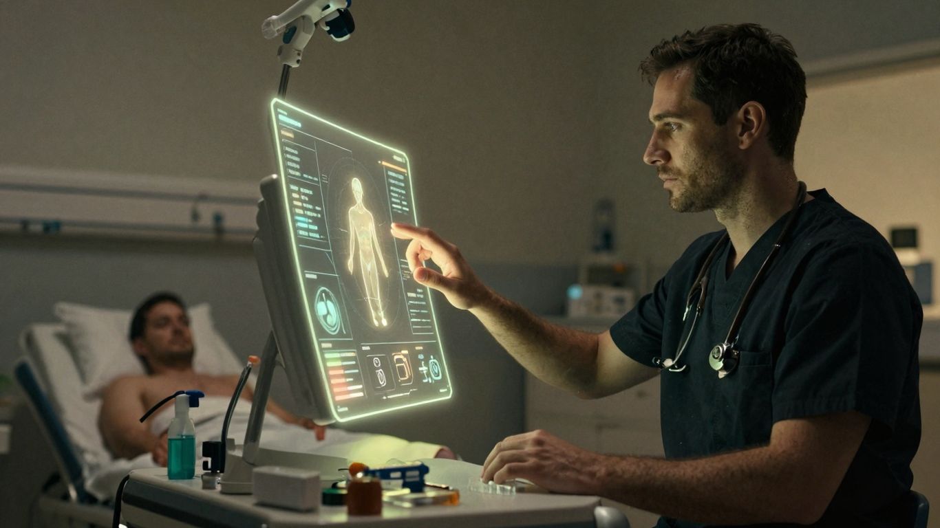 Doctor using AI interface in a hospital room.