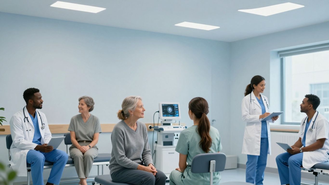 Healthcare professionals and patients connecting with technology.