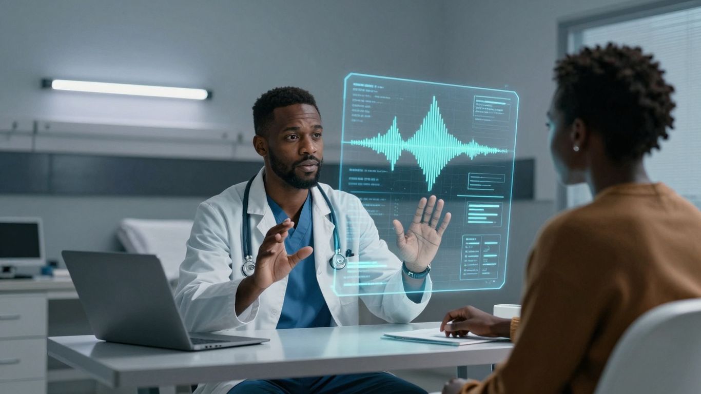 Doctor and patient using advanced voice AI in healthcare.