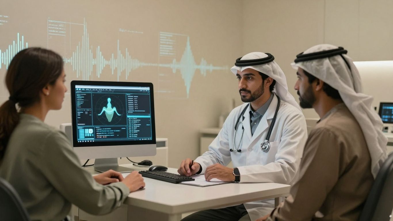 Doctor and patient in a modern healthcare setting with AI voice elements.