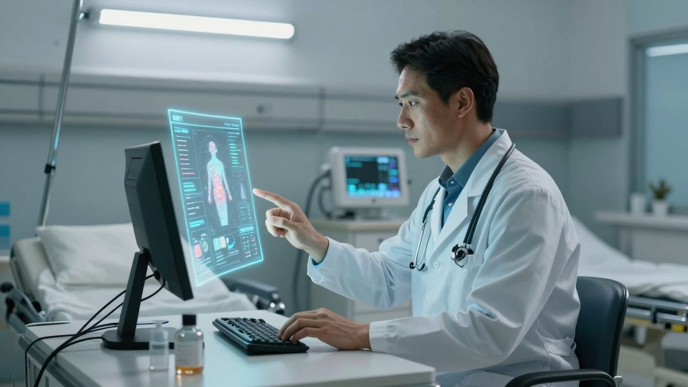Doctor using holographic interface in futuristic hospital room.