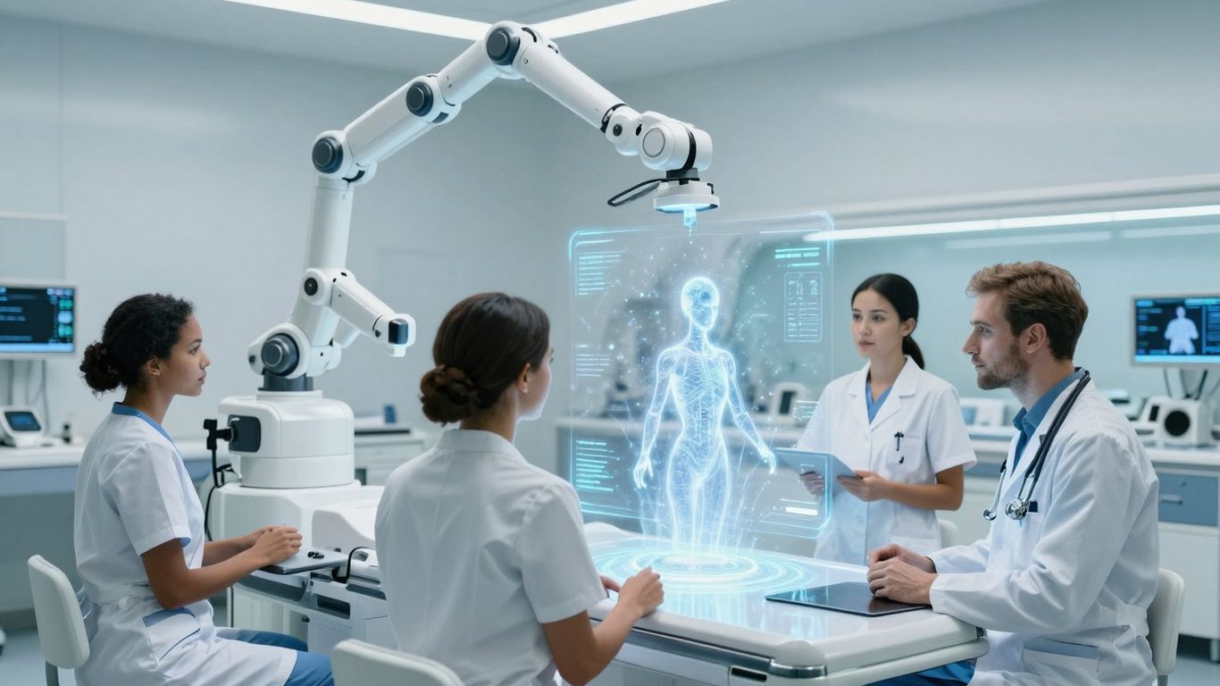 AI voice agents in a futuristic healthcare setting.