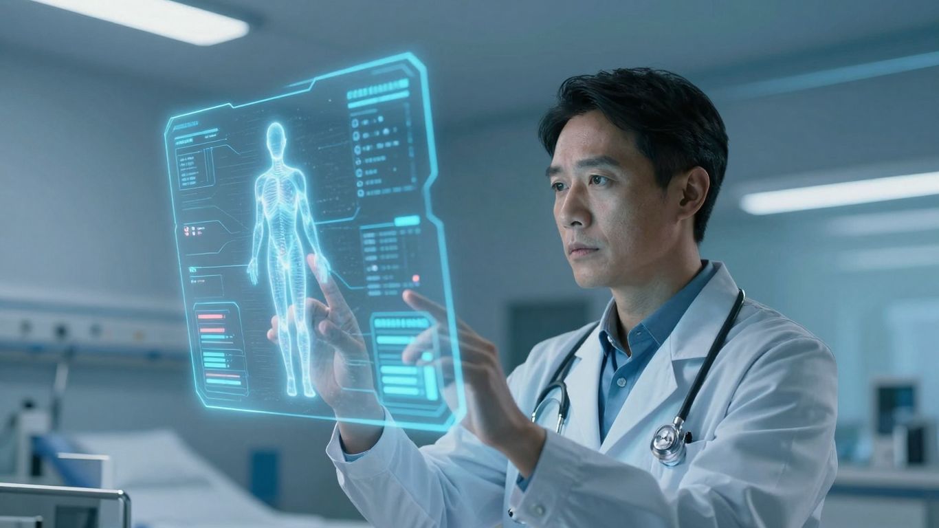 Doctor using holographic interface for patient care.