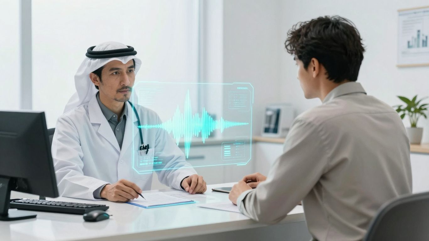 Doctor and patient using holographic voice AI interface.