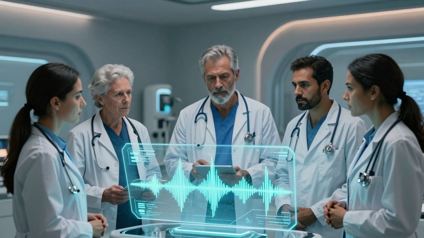 Futuristic medical room with holographic sound waves interface.