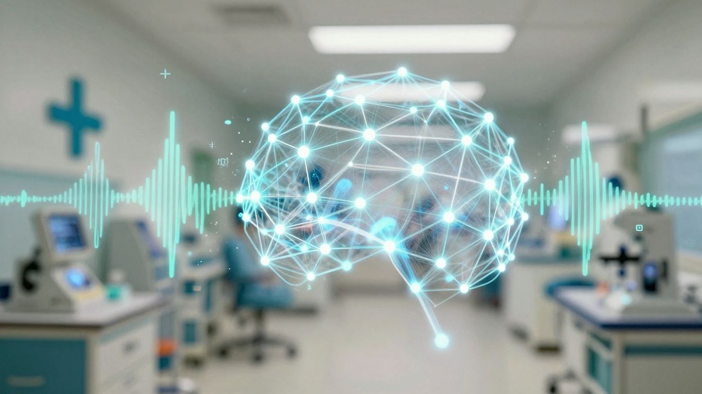 Futuristic AI and sound waves in healthcare.