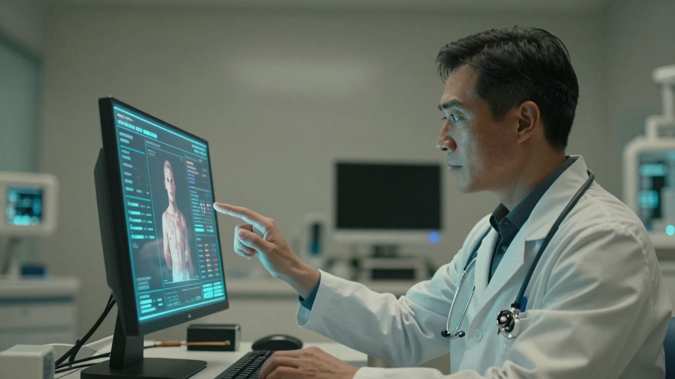 Doctor using advanced AI interface for patient care.