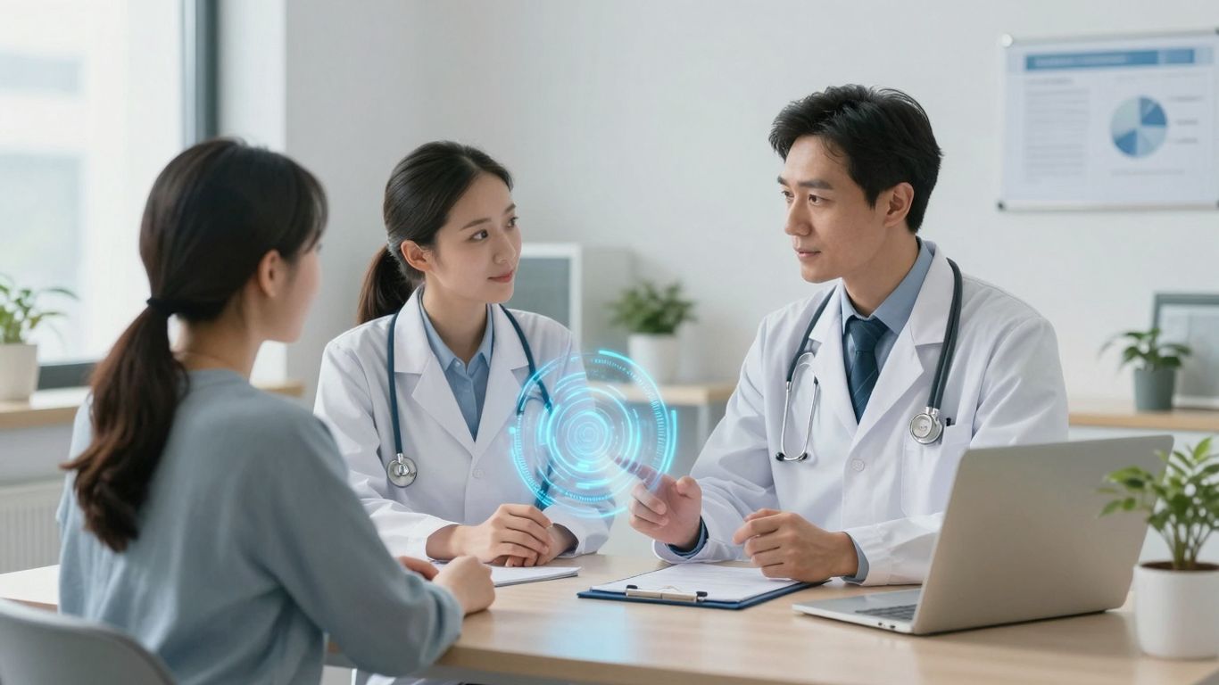 Doctor and patient with AI elements in healthcare.