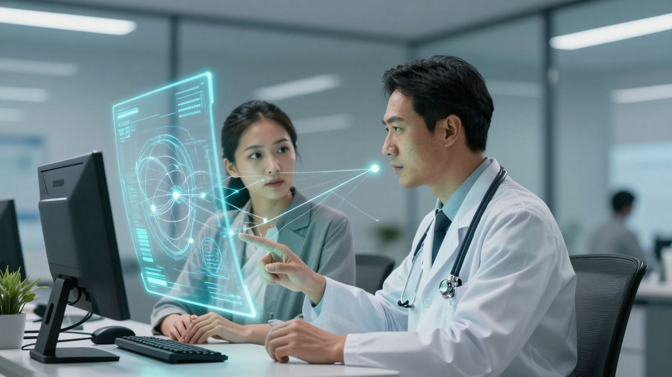 Doctor and patient communicating via advanced holographic interface.