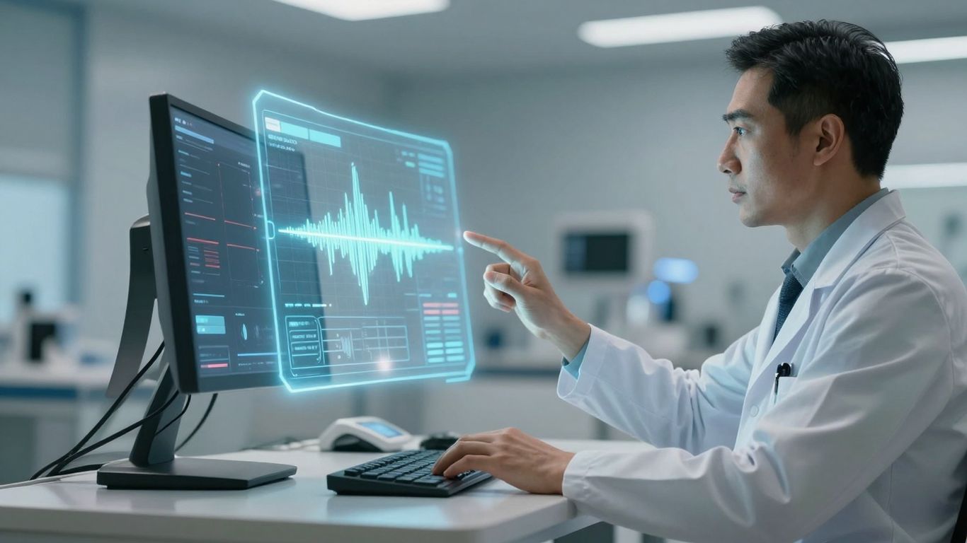 Doctor using AI voice assistant for patient care