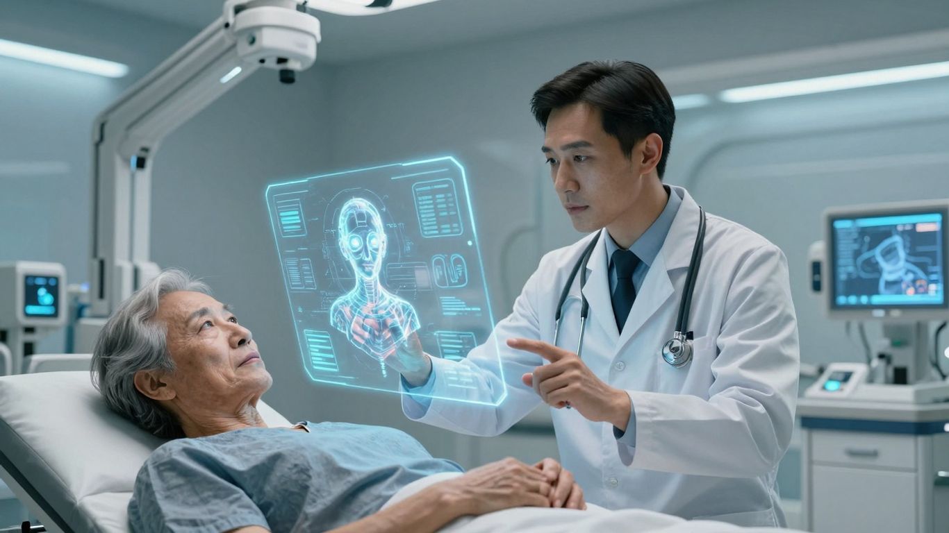 Doctor using AI voice assistant in futuristic healthcare setting.