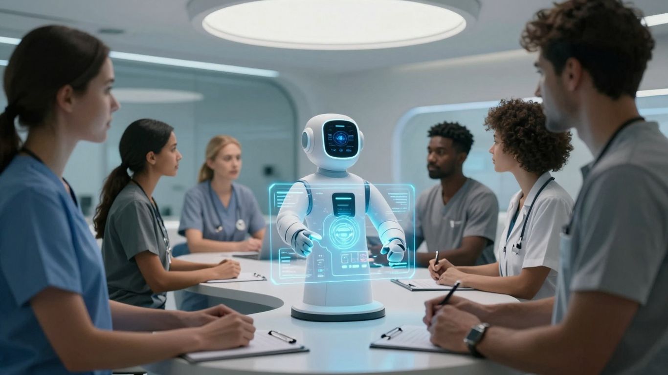 AI voice assistant interface in a futuristic medical reception.