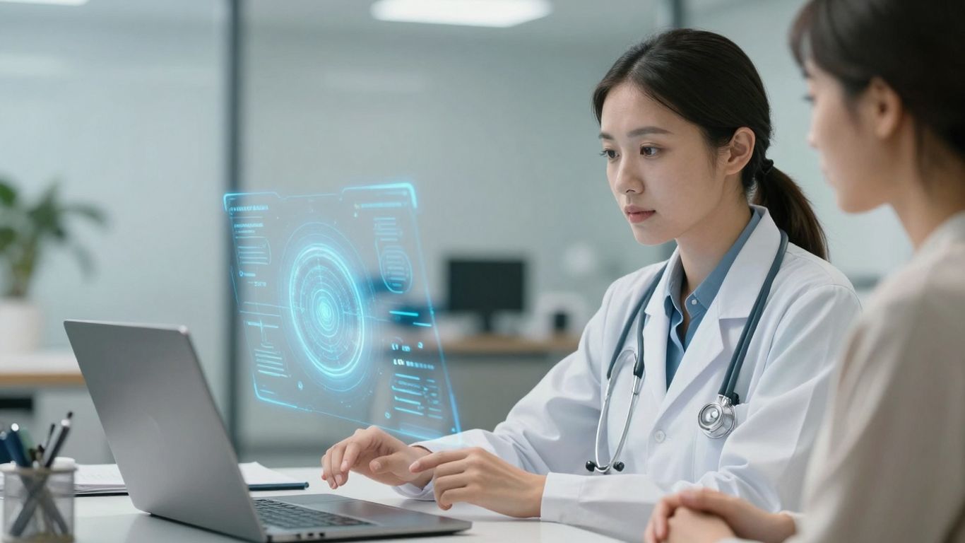 Doctor and patient with AI technology in a healthcare setting.