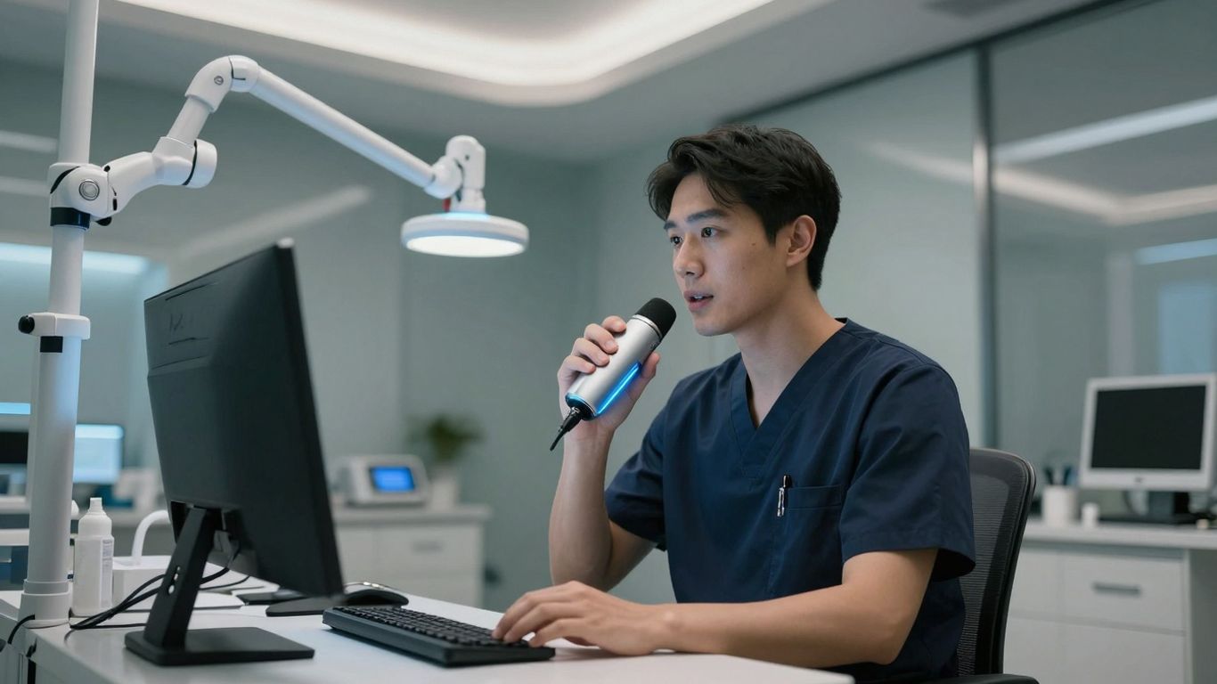 Doctor using voice AI for secure patient data.