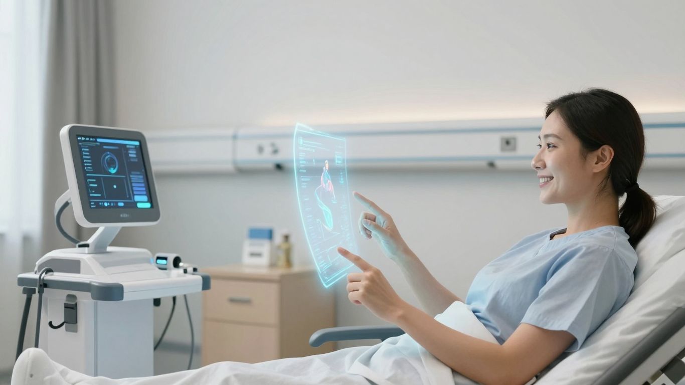 Patient using advanced voice AI in a modern hospital setting.