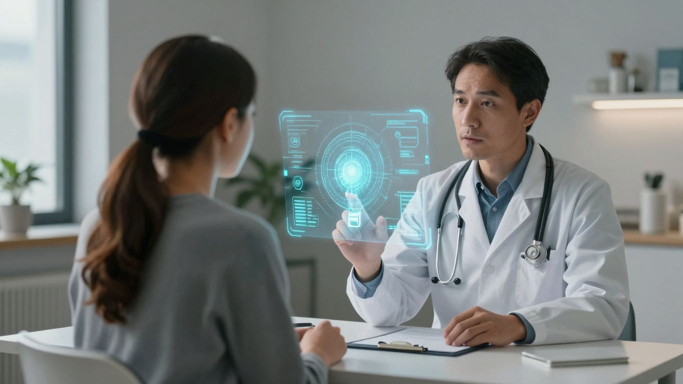 Doctor and patient with futuristic AI interface.