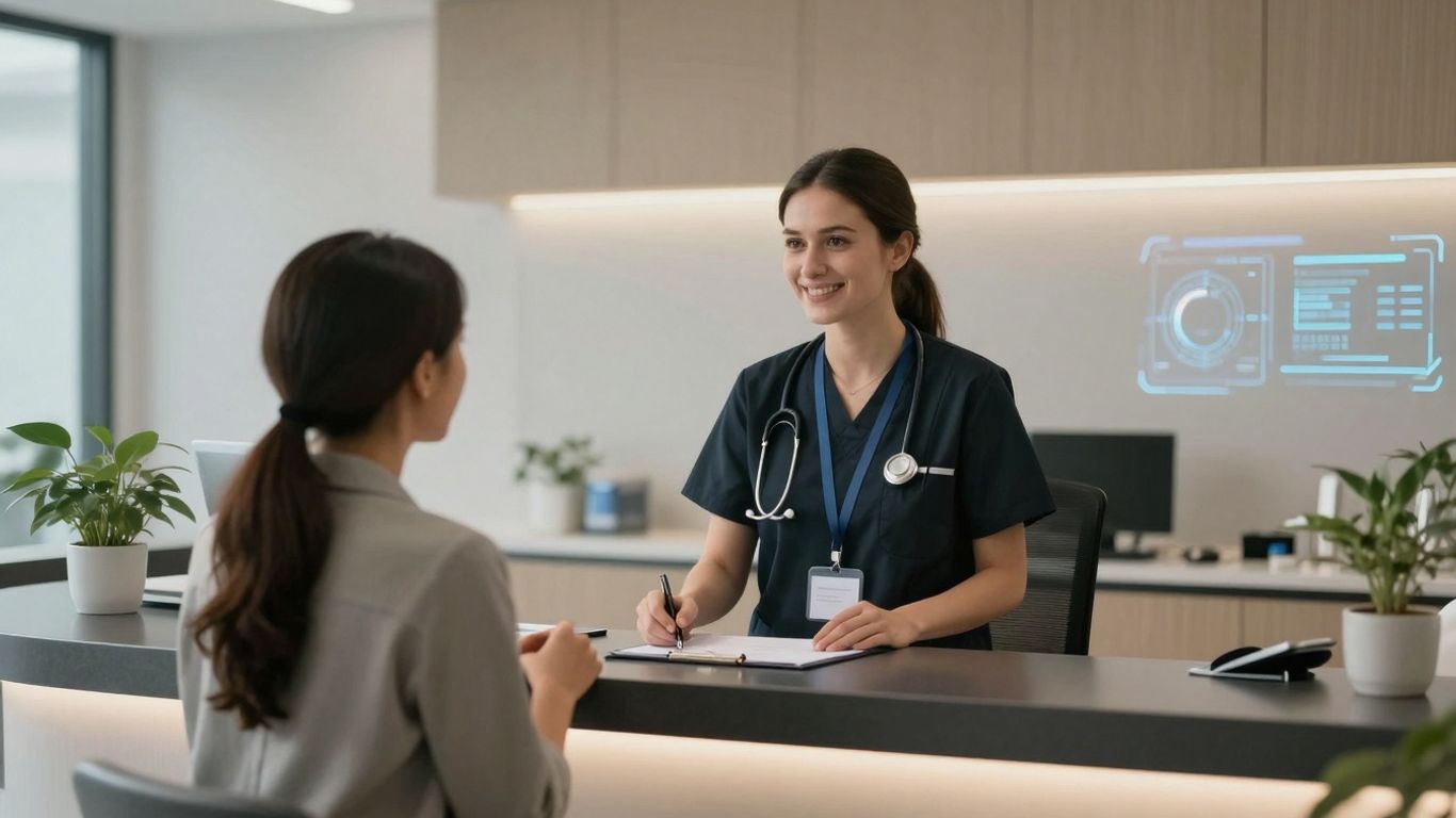 Healthcare professional assisting patient with voice AI technology.