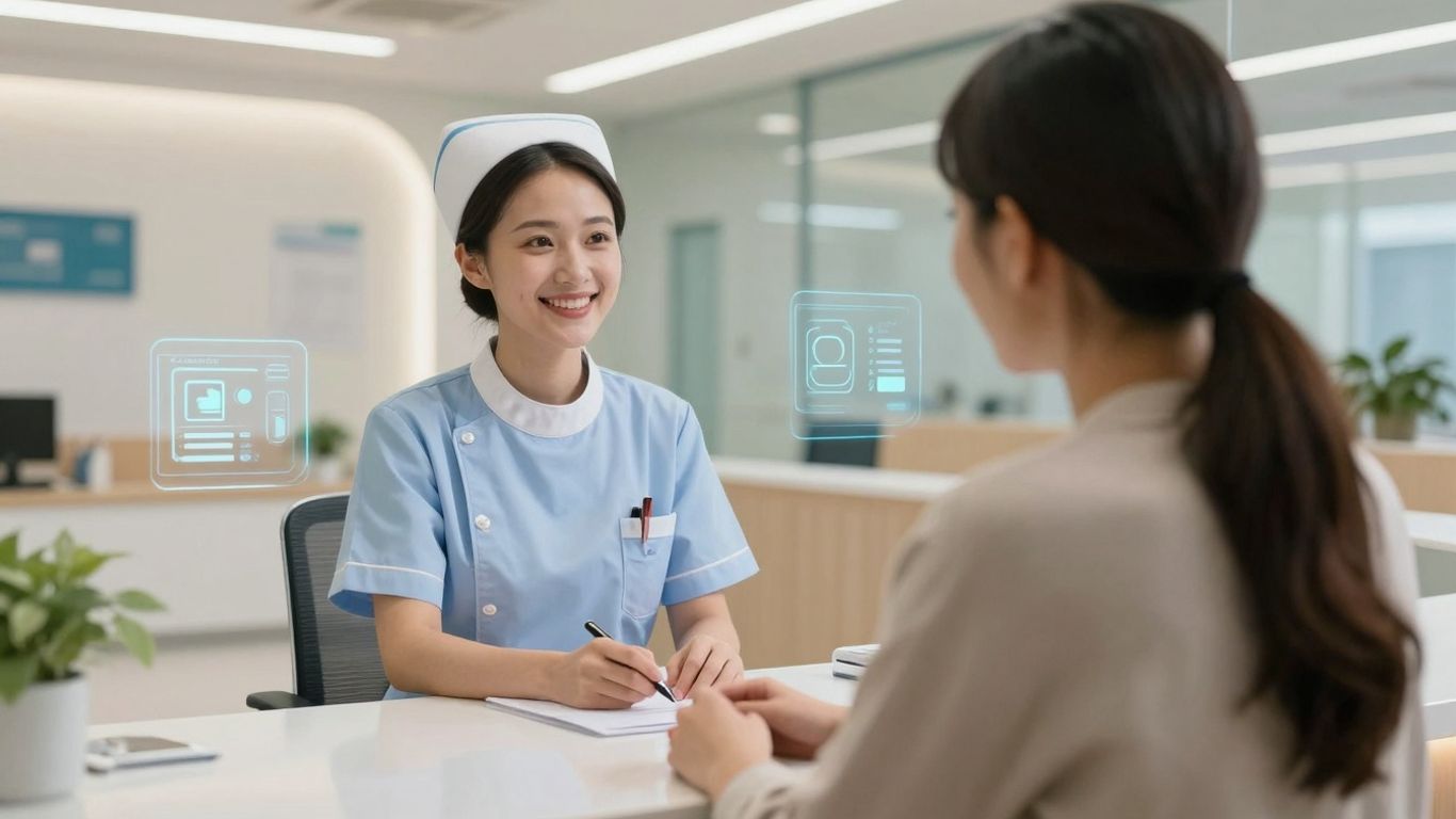 Nurse and patient in a modern healthcare setting.
