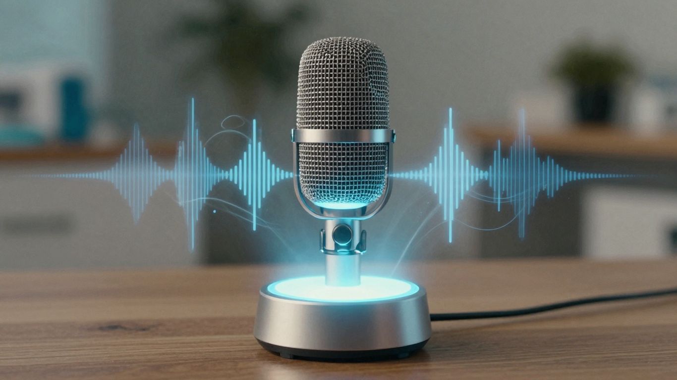 Futuristic voice assistant interface with sound waves.