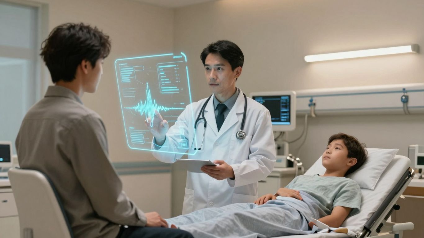 Doctor and patient interacting with AI in a hospital.