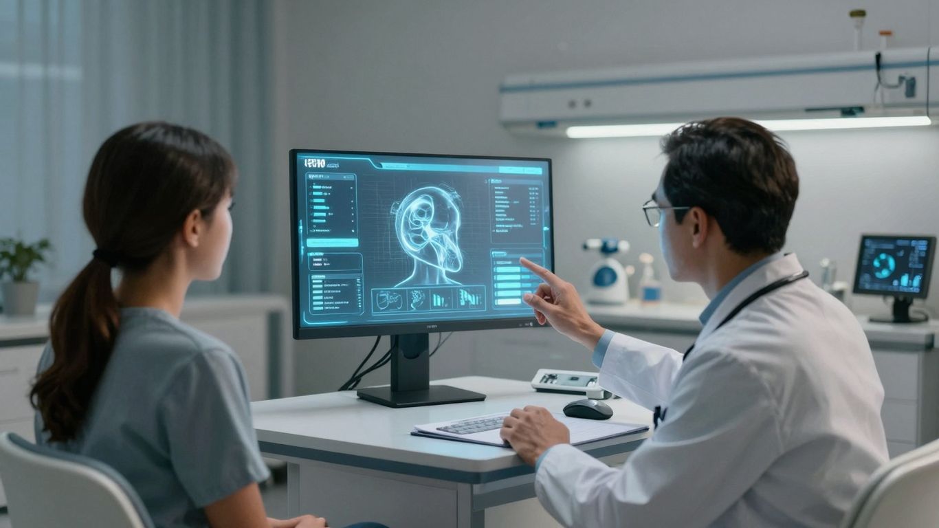 Doctor and patient interacting with AI in a hospital room.