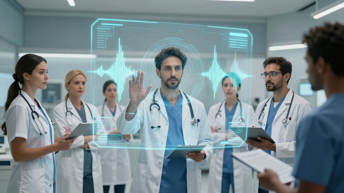 Healthcare professionals using voice AI for administrative tasks.