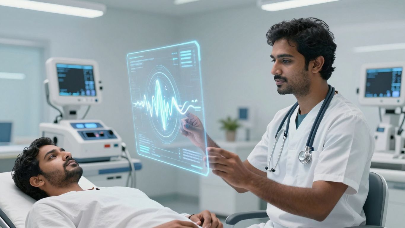 Patient using voice AI in a modern healthcare setting.