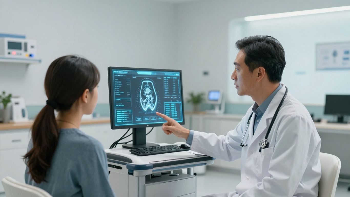 Doctor and patient using futuristic medical interface
