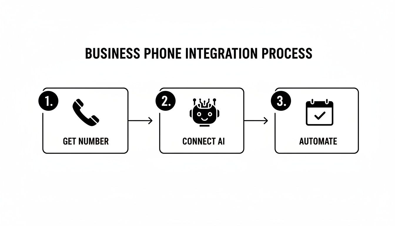 Diagram illustrating a three-step business phone integration process: get number, connect AI, and automate.