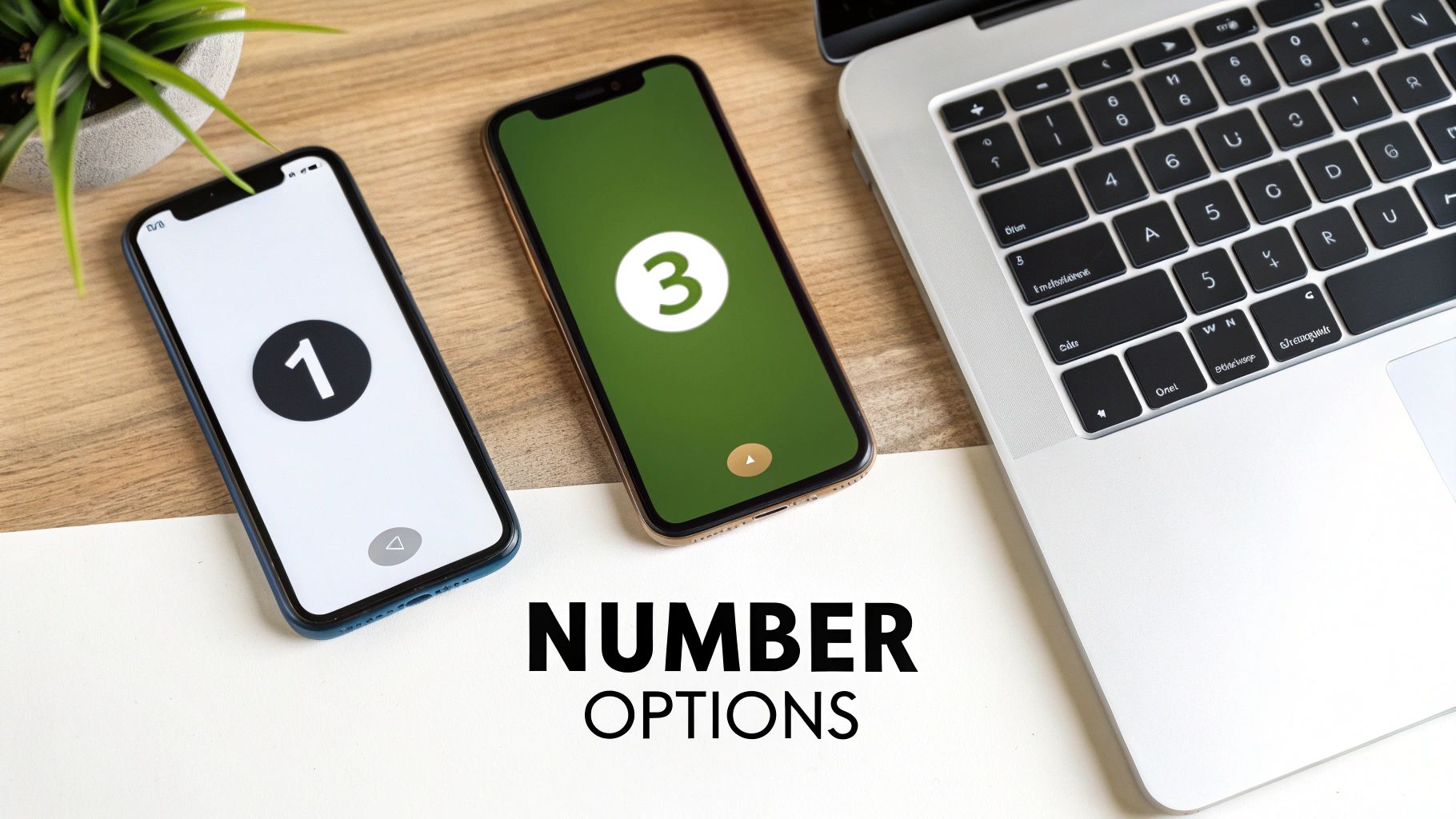 Two smartphones displaying numbers one and three, placed on a desk next to a laptop keyboard.