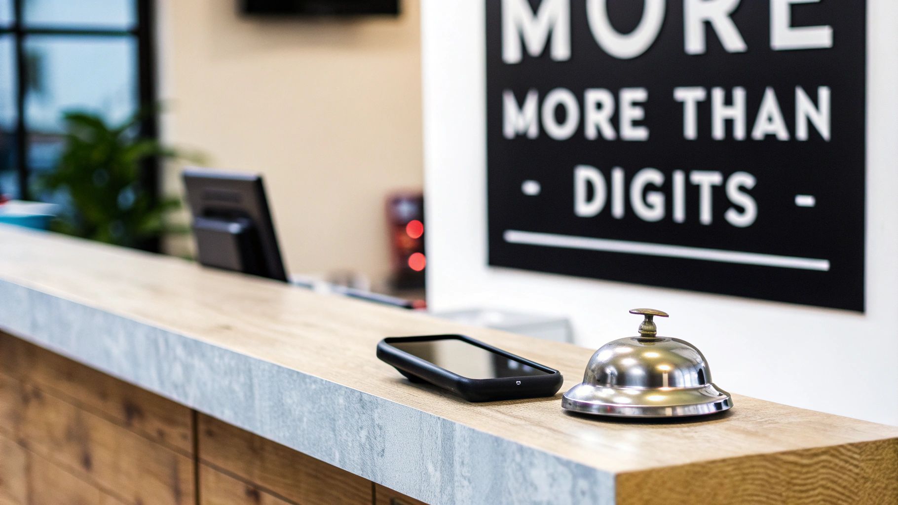A polished silver service bell and a black smartphone rest on a wooden reception desk.