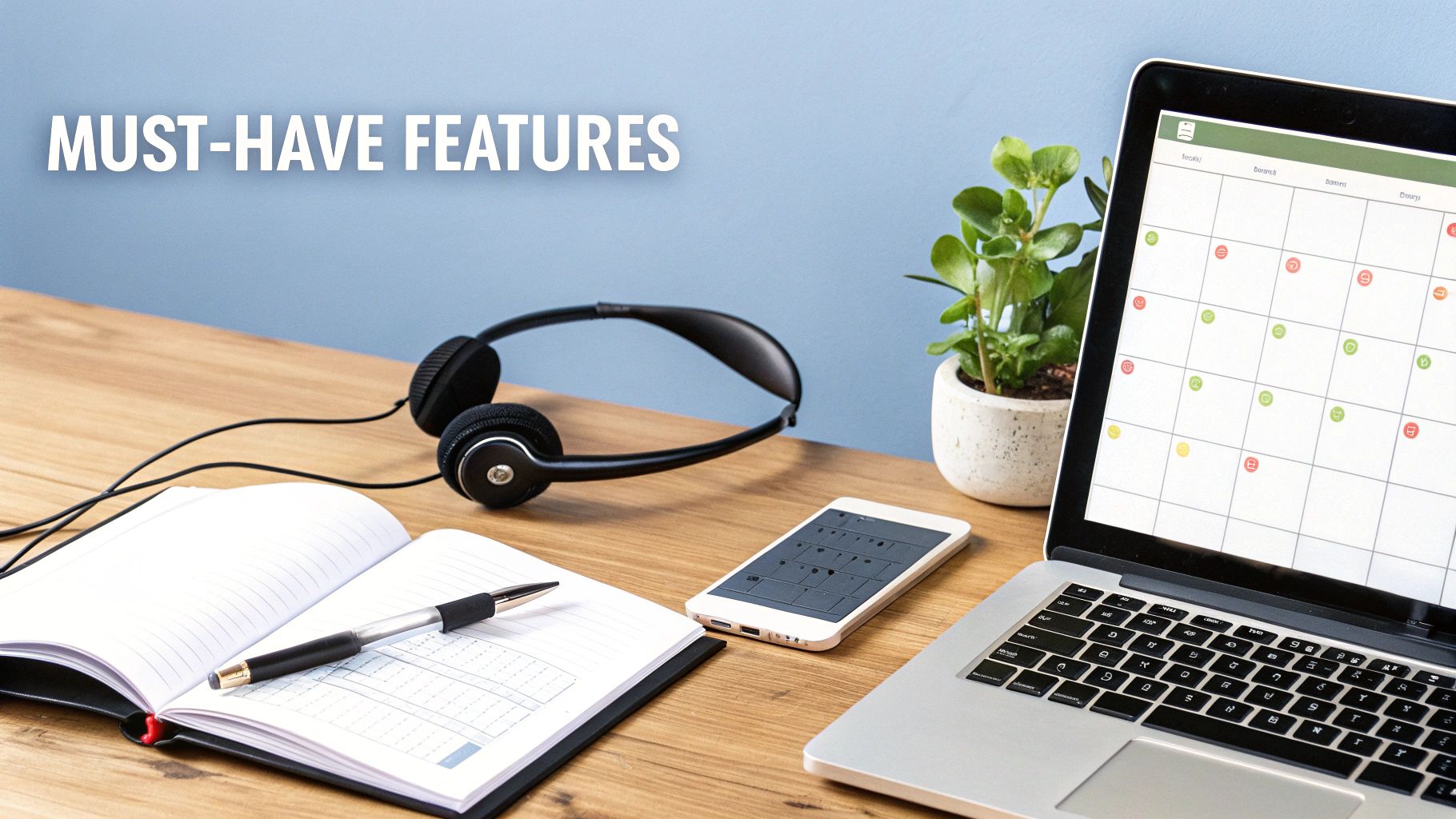 A productive workspace with a laptop showing a calendar, headphones, a smartphone, notebook, pen, and a plant.