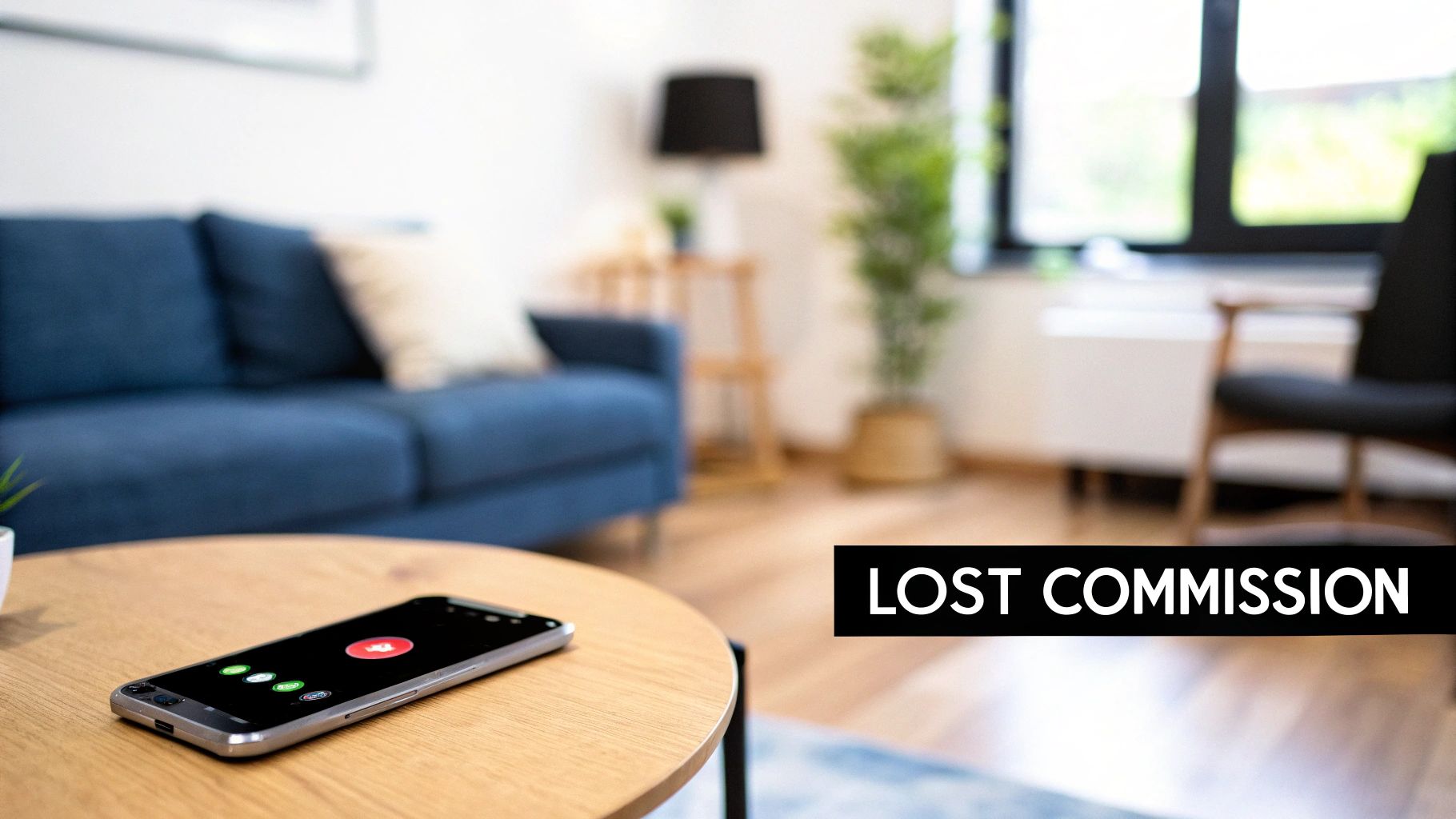 A smartphone on a wooden table with a call on screen, and a 'LOST COMMISSION' banner.
