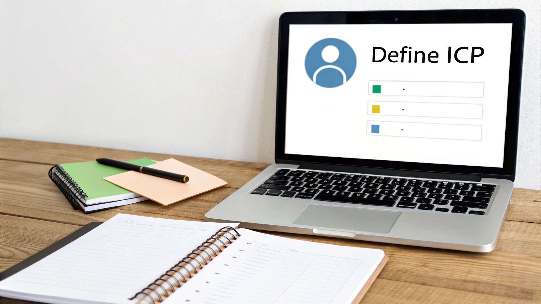 Laptop on a wooden desk showing 'Define ICP' with a user icon, next to notebooks and a pen.
