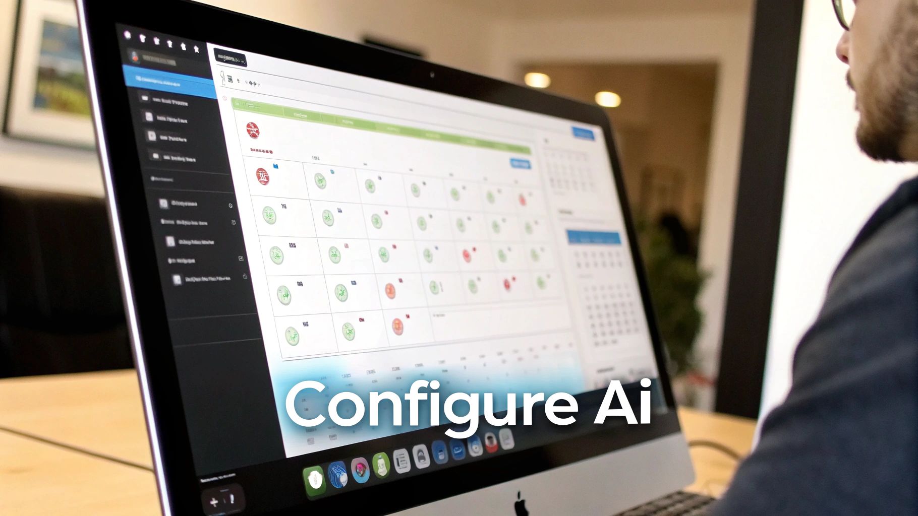 A person using a desktop computer shows a business application with a calendar and 'Configure Ai' text.