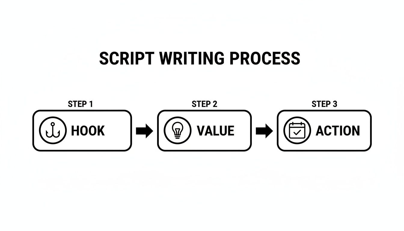 Flowchart illustrating the script writing process in three steps: Hook, Value, and Action, each with an icon.