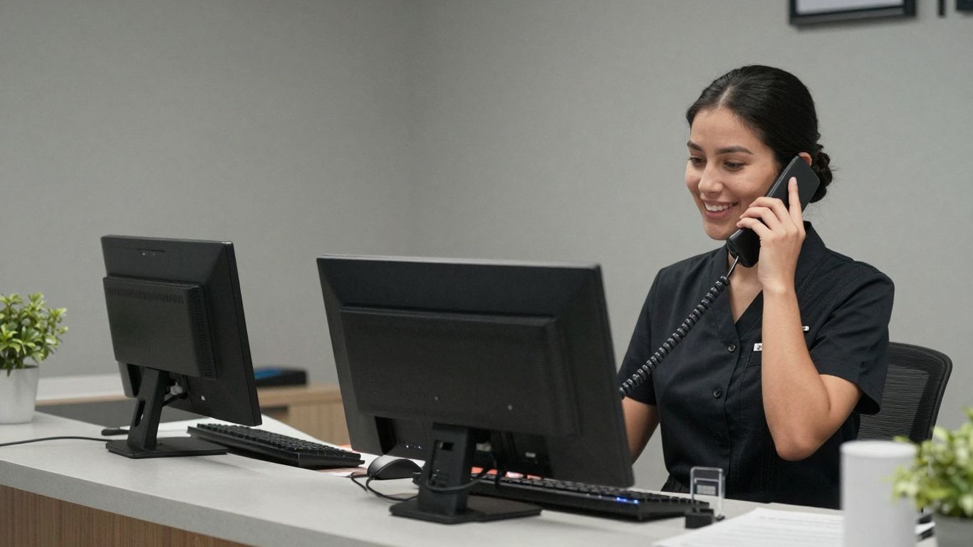 Medical answering service professional on the phone.