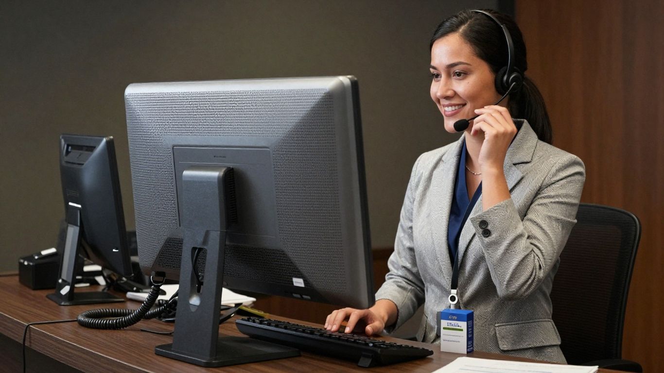Medical receptionist using a headset with a secure phone system.