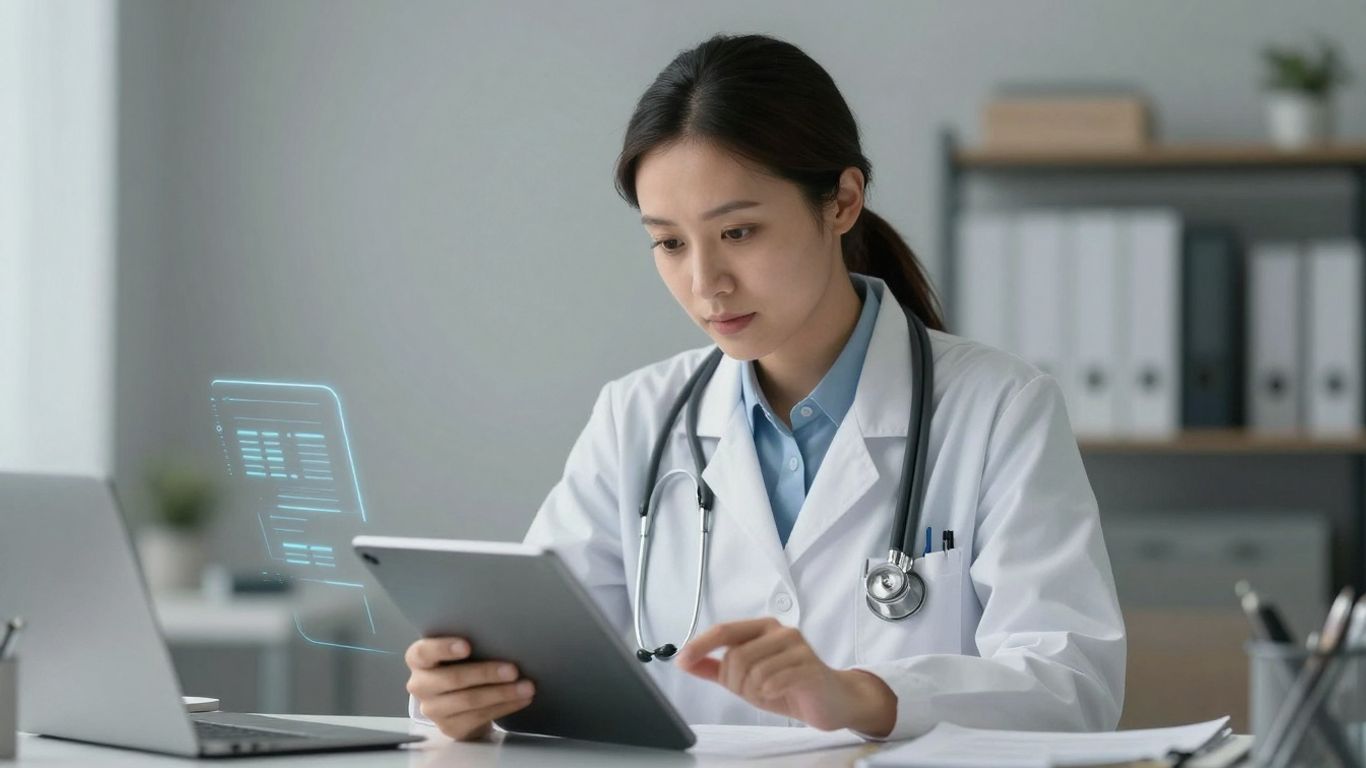 Medical professional reviewing secure patient data on a tablet.