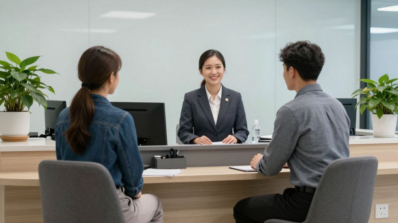 Medical answering service receptionist helping a patient.