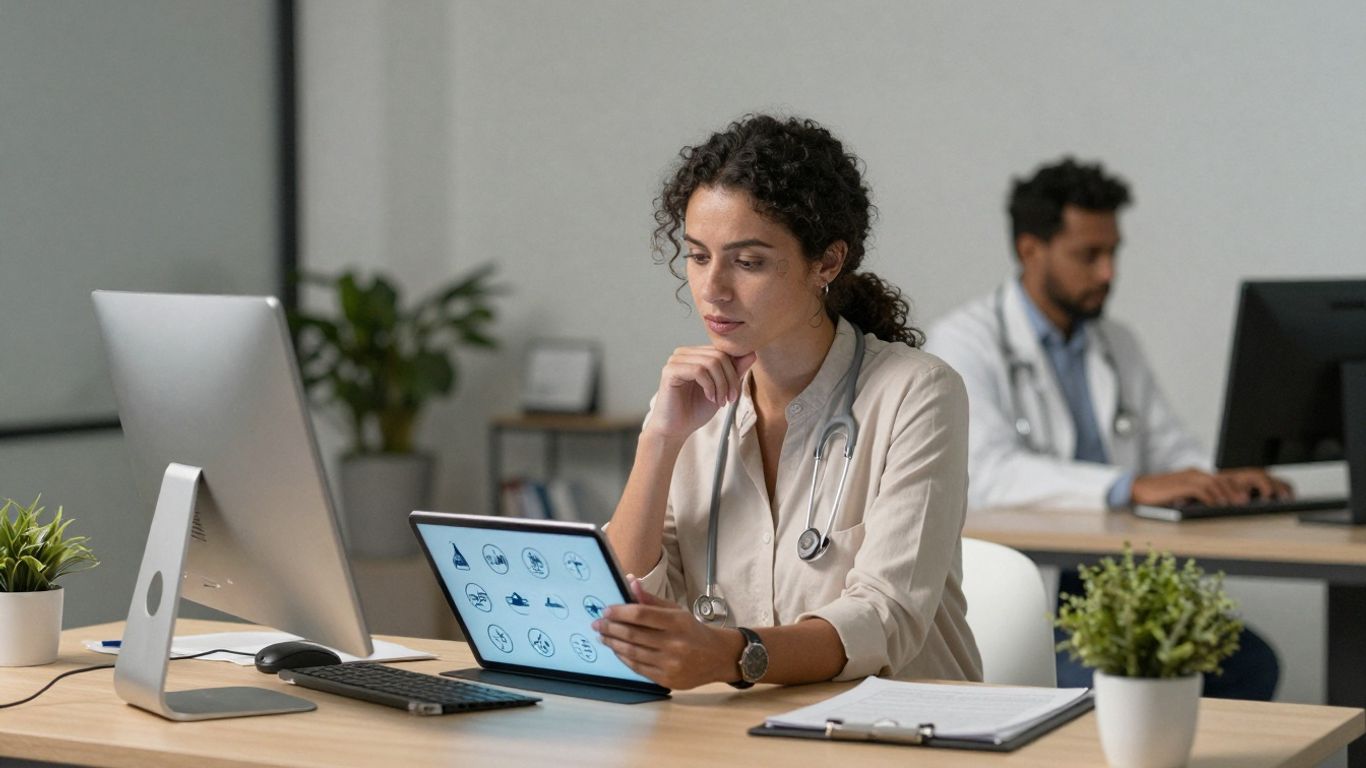 Professional discussing HIPAA compliant answering services on a tablet.