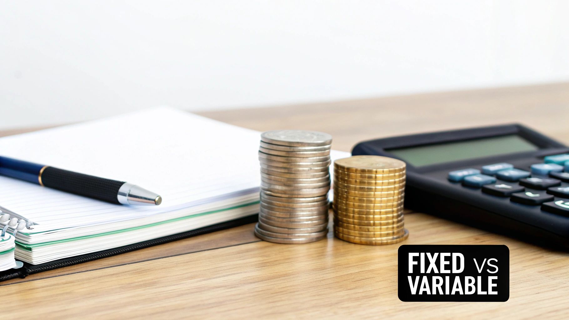 Stacks of coins, calculator, and notepad illustrate fixed vs variable costs on a wooden desk.