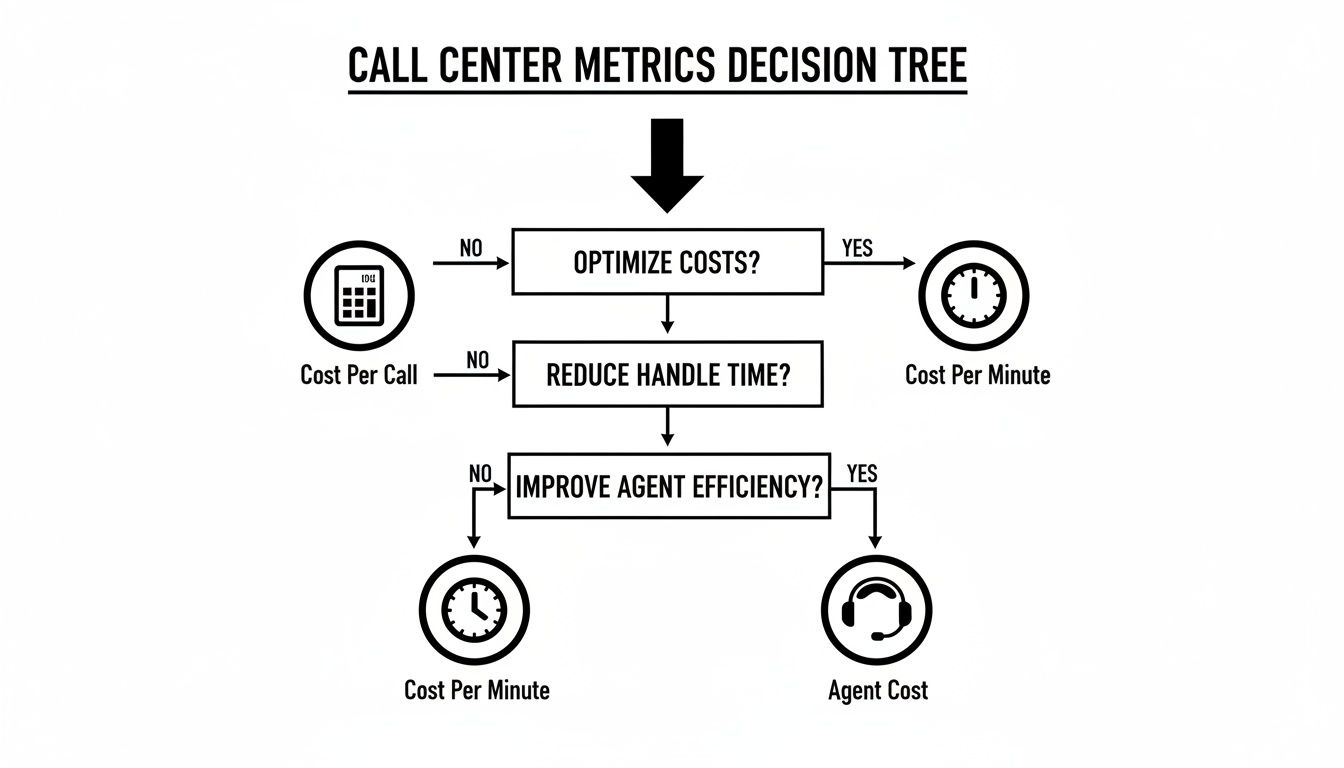 Decision tree for call center metrics guiding selection based on cost optimization, handle time, and agent efficiency.